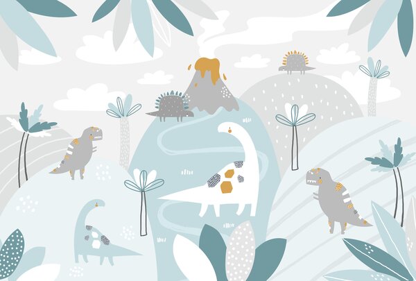 Fototapeta Kreslený dinosaurus se sopkou a rostlinami, Dětské fototapety, Populární fototapety, u98918 - Tapeko.co.cz