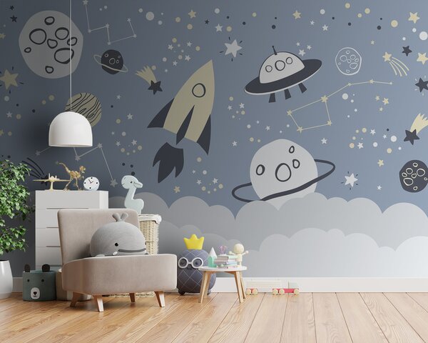 Fototapeta Kreslená vesmírná scéna s planetami a hvězdami, Dětské fototapety, Populární fototapety, u98814 - Tapeko.co.cz