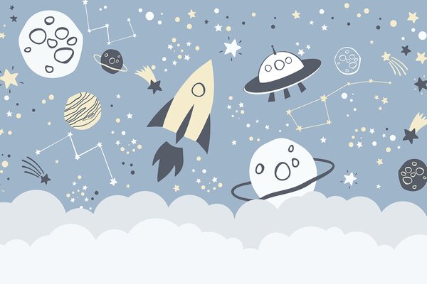 Fototapeta Kreslená vesmírná scéna s planetami a hvězdami, Dětské fototapety, Populární fototapety, u98814 - Tapeko.co.cz