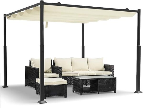 Pergola, zahradní altán, 3x3 metry, vodotěsná, stabilní, vhodná i pro zimu. Kovový zahradní altán s volně stojící terasovou stříškou, ochrana proti slunci pro zahradu, terasu a balkon, barva: tmavě béžová