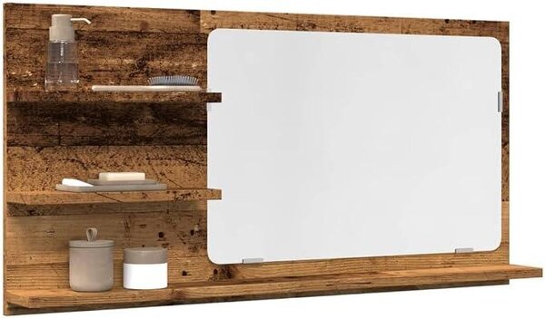 Zrcadlo do koupelny s úložnými prostory, vzhled starého dřeva, materiál: dřevovláknitá deska, rozměry: 90 x 11 x 45 cm, montáž na zeď. Koupelnový nábytek s úložným prostorem, vhodný do koupelen, toalet a jako podstavec pod umyvadlo