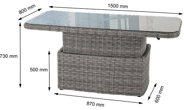 Ratanový stůl výsuvný jídelní/odkládací 150 x 80 cm BORNEO LUXURY (šedá)