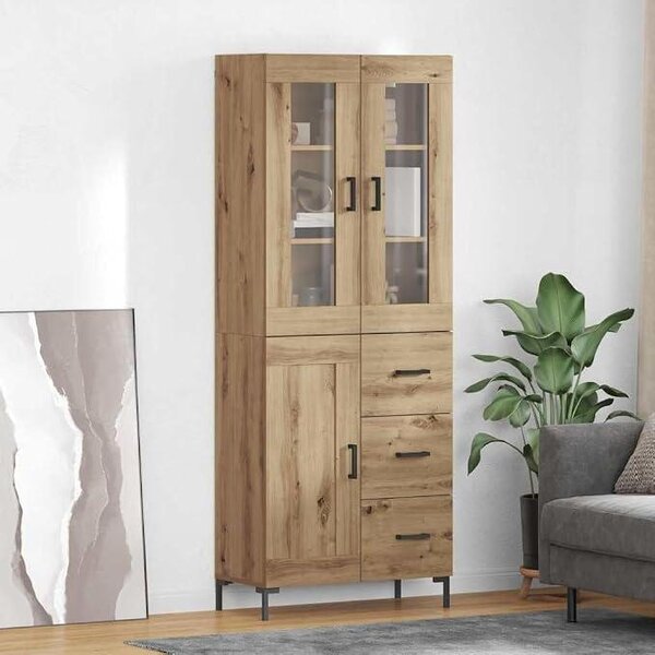 Nástěnná komoda, 2 díly, barva Artisan Oak, rozměry 69,5 x 34 x 180 cm, materiál: dřevotříska, moderní design, vhodná do obývacího pokoje, chodby, jídelny, poskytuje úložný prostor