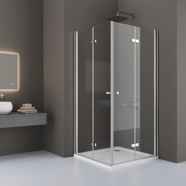 Sprchový kout rohové vstupy 90x90x185 cm, stříbrná barva – dvojité posuvné dveře, 6mm tvrzené bezpečnostní sklo, bez sprchové vaničky