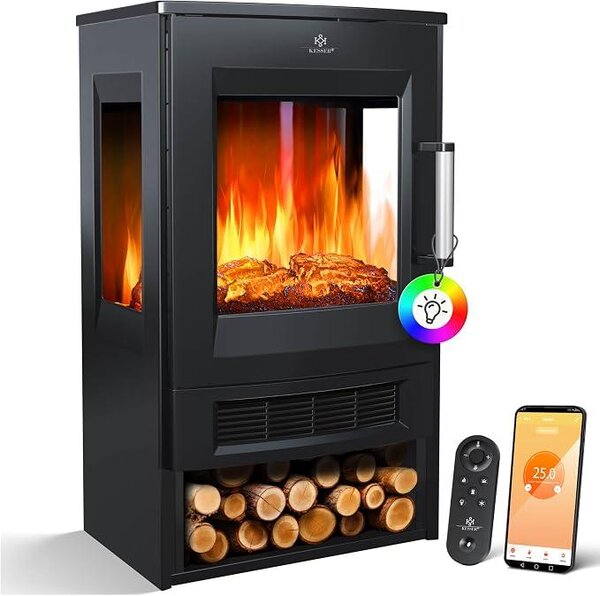 Elektrický krb s topným výkonem, panoramatickým výhledovým oknem, topným ventilátorem, 9 LED režimy plamenného efektu, dálkovým ovládáním, WiFi aplikací, výkonem 900/1800W. Elektrický krb s termostatem, topnou funkcí a časovačem