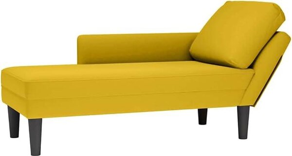 Štíhlá pohovka s opěrkou hlavy a pravou područkou, potažená žlutým sametem, rozměry 132 x 56 x 70 cm, výplň z peří a pěny. Ideální jako relaxační nábytek do obývacího pokoje nebo ložnice, slouží jako pohodlná pohovka a odpočinková lůžka