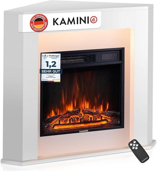 Elektrický krb Matti – Elektrický krb do rohu s topným systémem, 3D efekt plamenů, LED ambientní osvětlení, dálkové ovládání – rohová varianta (bílá)