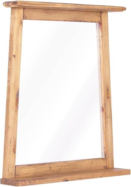 Zrcadlo Bad Spiegel Rangun, 70x77 cm, masivní borovicové dřevo, hnědé, lichoběžníkového tvaru, s masivní dřevěnou rámem a malou policí