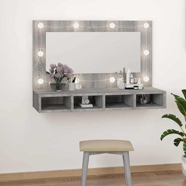Zrcadlová skříňka s LED osvětlením, barva: šedý sonoma, rozměry: 90 x 31,5 x 62 cm. Skříňka pod umyvadlo vyrobená z dřevotřísky, s úložným prostorem a USB portem. Vhodná do koupelny, toalety nebo pro hosty