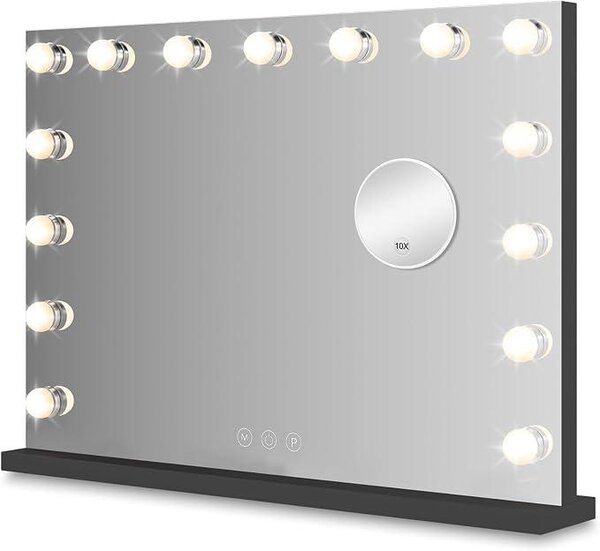 Zrcadlo s osvětlením pro líčení, 58x46 cm – Hollywoodské zrcadlo, černá barva | Stolní zrcadlo s regulovatelným osvětlením, vybavené 18 LED lampami, 3 světelnými režimy a zrcadlem s 10násobným zvětšením | Volně stojící zrcadlo pro toaletní stolek