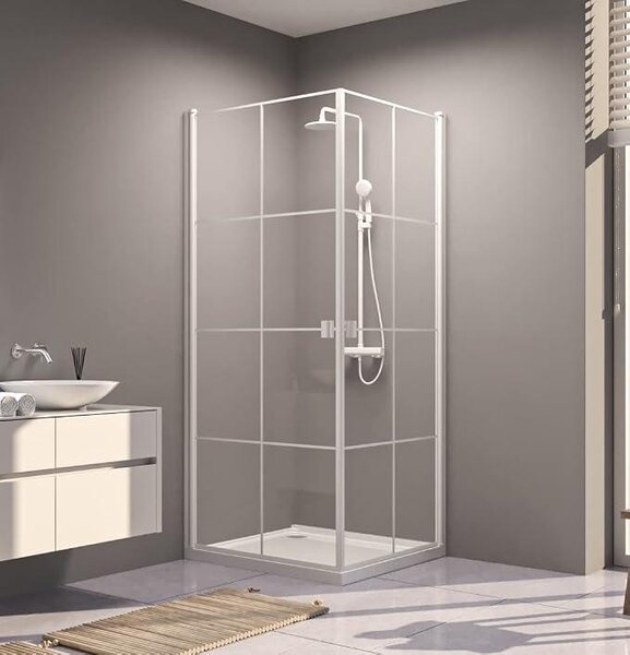 Sprchová kabina 90x90x200 cm se sklopnými dveřmi – rohová sprchová kabina z bezpečnostního skla o tloušťce 5 mm, s bílým hliníkovým rámem, čirým sklem a magnetickým systémem pro bezpečné zavírání dveří