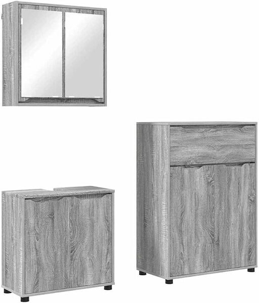 Sada koupelnového nábytku, 3 kusy, šedá barva, materiál: dřevovláknitá deska. Obsahuje: skříňku pod umyvadlo (60x30x60 cm), skříňku se zrcadlem (60x20x60 cm) a skříňku do koupelny (72,5x36,5x100 cm), výška nastavitelná