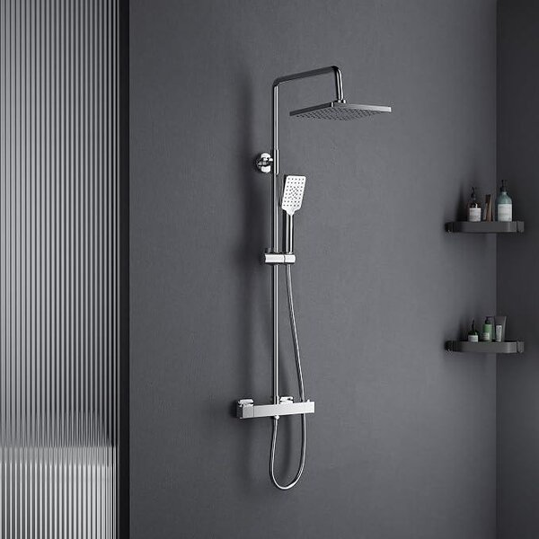 Kompletní sada sprchové baterie, dešťová sprcha s termostatem, sprchový systém s termostatem, výškově nastavitelná dešťová sprcha 80–115 cm, sprchové systémy s hlavovou sprchou 8 palců a ruční sprchou do koupelny