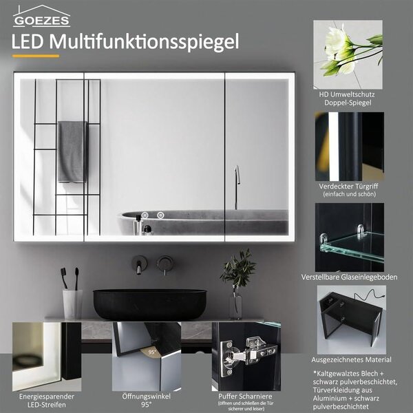 Zrcadlová skříňka s LED osvětlením, lékařská skříňka, 60x100 cm, 3 dveře. Koupelnová skříňka, skříňka do koupelny se 3 barvami, stmívatelná, s funkcí proti zamlžování, nástěnná skříňka do koupelny se zrcadlem na obou stranách