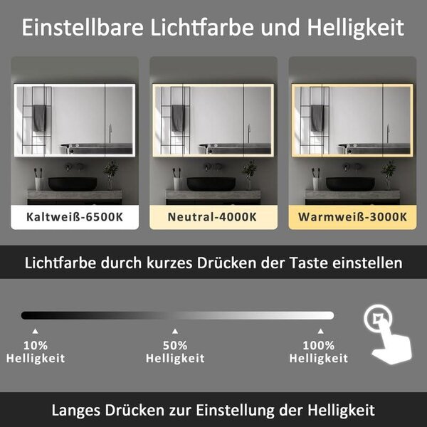 Zrcadlová skříňka s LED osvětlením, lékařská skříňka, 60x100 cm, 3 dveře. Koupelnová skříňka, skříňka do koupelny se 3 barvami, stmívatelná, s funkcí proti zamlžování, nástěnná skříňka do koupelny se zrcadlem na obou stranách