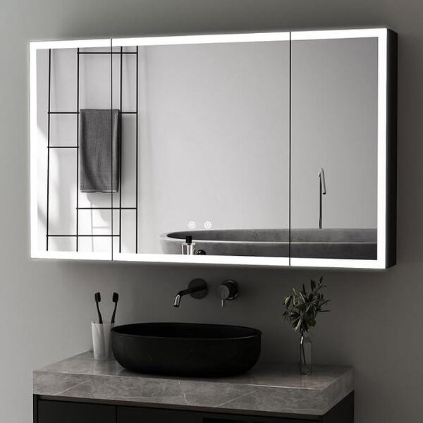 Zrcadlová skříňka s LED osvětlením, lékařská skříňka, 60x100 cm, 3 dveře. Koupelnová skříňka, skříňka do koupelny se 3 barvami, stmívatelná, s funkcí proti zamlžování, nástěnná skříňka do koupelny se zrcadlem na obou stranách