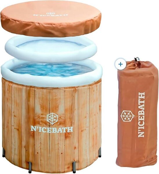 Eisbad RefreshPod o rozměrech 80 cm x 75 cm s designem imitujícím dřevo – vana pro ledové koupele – skládací vana pro profesionály, sportovce a atlety – s víkem – pro použití venku i uvnitř