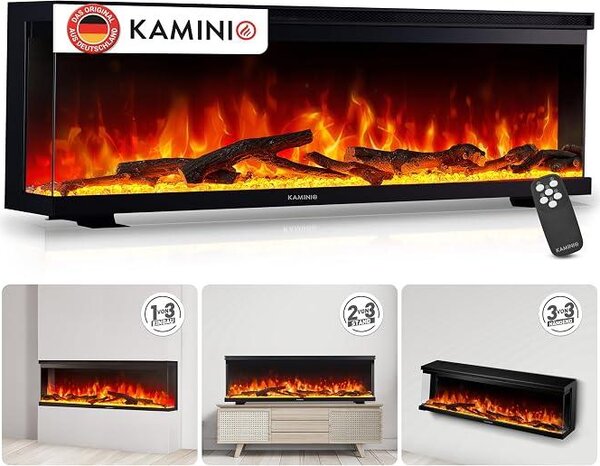 Elektrokamin Lea PRO 60 s topením [volně stojící, vestavěný, nástěnný] | 3 v 1, elektrický krb s panoramatickým výhledem, LED efekt plamene ve 12 barvách, časovač, termostat, dálkové ovládání, příslušenství, černá barva