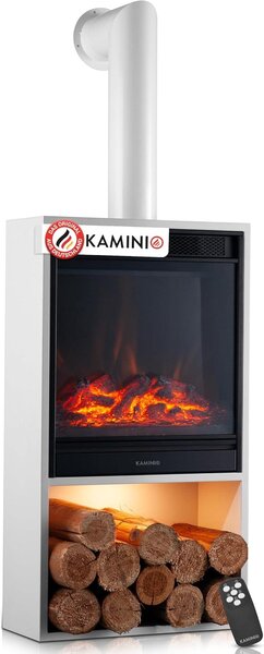 Elektrický krb Hugo s komínem – Elektrický krb s topením, 3D efekt plamenů, LED ambientní osvětlení, prostor pro ukládání dřeva, dálkové ovládání (bílá barva)