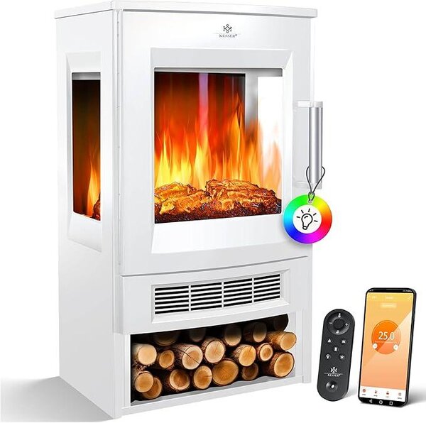Elektrický krb s topným výkonem, panoramatickým výhledovým oknem, topným ventilátorem, 9 LED režimy plamenného efektu, dálkovým ovládáním, WiFi aplikací, výkonem 900/1800W. Elektrický krb s termostatem, topnou funkcí a časovačem