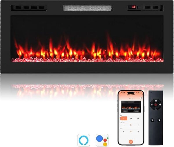 42palcový elektrický krb s topením, 750W/1500W, elektrický krb s ovládáním přes aplikaci, dálkovým ovládáním, 12 barvami plamenů, časovačem (12 hodin), vestavěný krb, nástěnný krb, topení do obývacího pokoje, ložnice, kanceláře