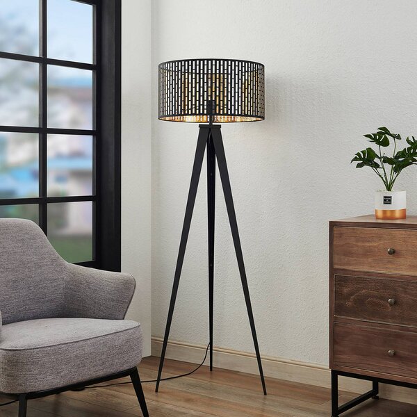 Lindby Stojací lampa Thoralf, trojnožka, černá, textil, Ø50cm, Černá, Obývací pokoj / jídelna, kov, stojací lampa