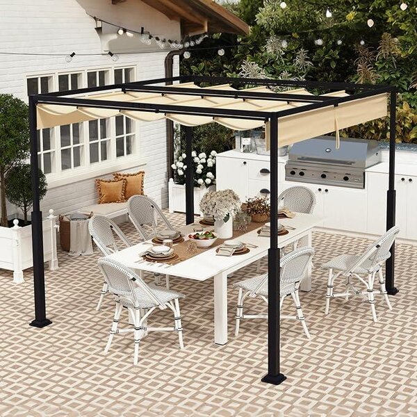 Venkovní pergola 3x3 metru, stabilní kovová konstrukce, 9 metrů. Zahradní altán se stříškou a posuvnou střechou, pro 6-8 osob. Samostatně stojící, s možností instalace výsuvné markýzy, vhodná pro zahradu, terasu a balkon (béžová)