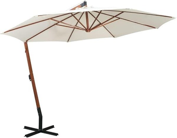 Slunečník pro balkon 350 cm, bílý, se dřevěným sloupcem, UV-odolným polyesterovým potahem, bambusovými výztuhami, mechanismem s klikou, odolný vůči povětrnostním vlivům, vhodný pro balkon, zahradu a terasu, se stabilní ocelovou základnou