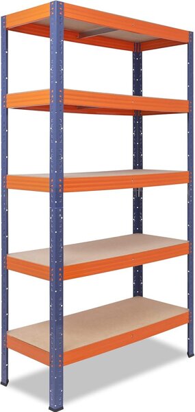 Regál pro těžké náklady, rozměry 200 x 90 x 50 cm, modro-oranžový, s 5 policami, nosnost 200 kg na polici