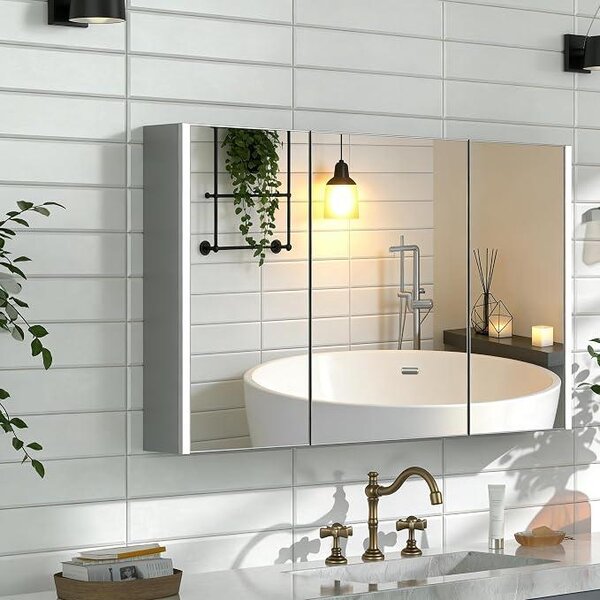 Zrcadlová skříňka do koupelny s osvětlením, rozměry 100x70x13 cm. Koupelnová zrcadlová skříňka, zrcadlo s LED osvětlením, skříňka do koupelny se 3 dvířky, s funkcí stmívání, výřez pro dávkovač papírových ručníků