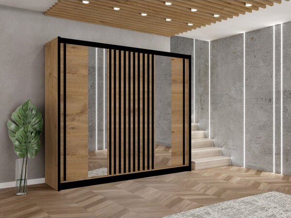 Šatní skříň se zrcadlem SANTINO 250x215x61 cm dub craft/černá