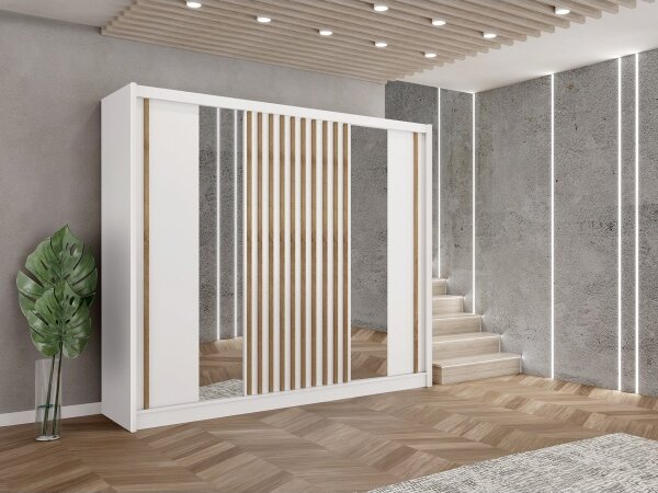 Šatní skříň se zrcadlem SANTINO 250x215x61 cm bílá/dub craft
