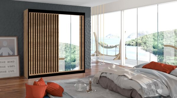 Šatní skříň se zrcadlem SANTINO 203x215x61 cm dub craft/černá