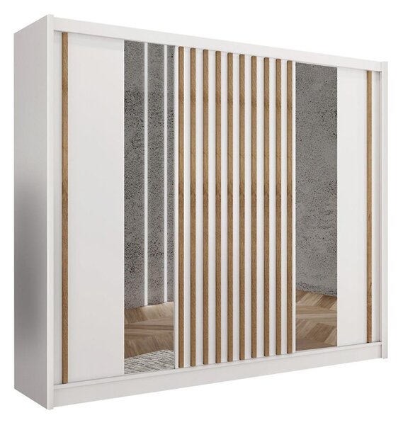 Šatní skříň se zrcadlem SANTINO 250x215x61 cm bílá/dub craft