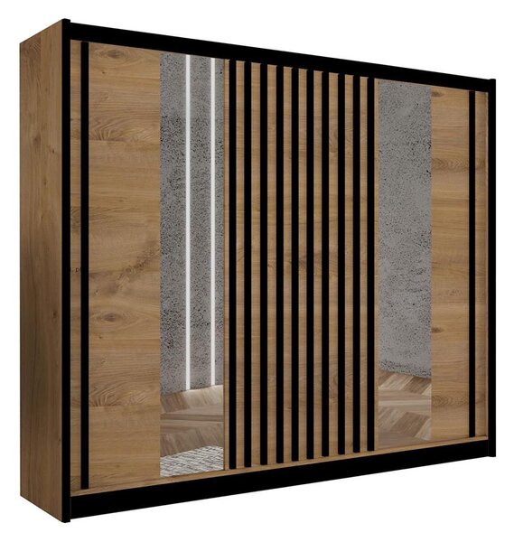 Šatní skříň se zrcadlem SANTINO 250x215x61 cm dub craft/černá