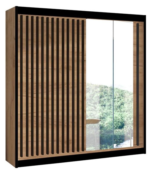 Šatní skříň se zrcadlem SANTINO 203x215x61 cm dub craft/černá