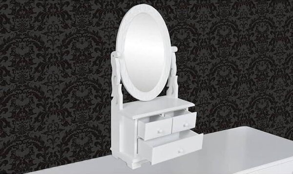 Toaletní stolek s oválným otočným zrcadlem, stolní komoda na líčení, kosmetický stolek, komoda na make-up, MDF, bílá barva, dřevovláknitá deska, viktoriánský styl
