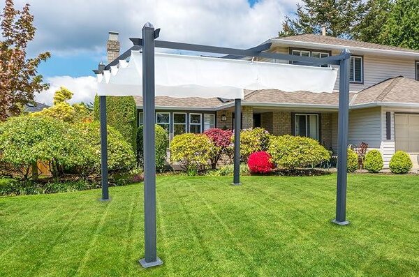 Aluminiumová pergola s vestavěnou stínící střechou, rozměry 300 x 300 cm, vhodná pro použití venku nebo v zahradě