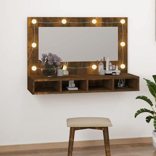 Zrcadlová skříňka s LED osvětlením, Imitace "kouřová dubová", rozměry 90 x 31,5 x 62 cm. Zrcadlová skříňka do koupelny s osvětlením. Zrcadlové skříňky do koupelny. Zrcadlo do koupelny, skříňka