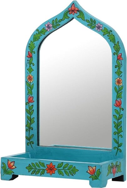 Marrakech make-up zrcadlo s úložným boxem na toaletní stolek ze dřeva 38cm | Vintage stojící zrcadlo malé Akriti -2- | Orientální make-up zrcadlo kosmetické zrcadlo s organizérem jako dekorace do pokoje