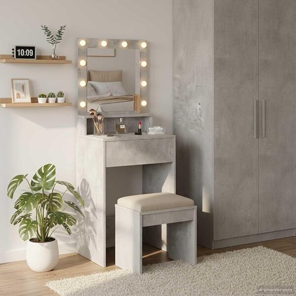 Toaletní stolek, barva betonová šedá, rozměry 50 x 41 x 135 cm, materiál: dřevo. Použití: toaletní stolek, stolek na líčení, kosmetický stolek, vhodný do ložnice