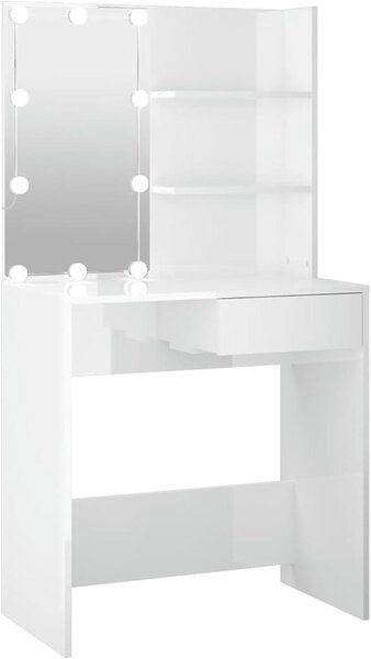 Kosmetický stolek s LED osvětlením, vyrobený z dřevotřísky a akrylu, barva: lesklá bílá, rozměry: 74,5 x 40 x 141 cm, vhodný do ložnice a šatny. Kód produktu: 808807