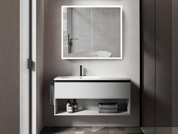Zrcadlová skříňka Black Magnus 80x70x13 cm. Designová koupelnová skříňka se zrcadlem s obvodovým LED osvětlením, neutrální bílá barva světla, matný černý hliník, oboustranné zrcadlo, 2 skleněné police, stupeň krytí IP44