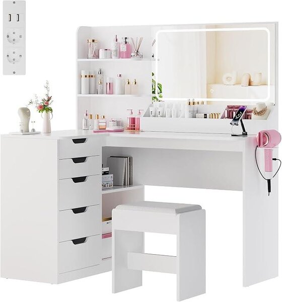Kosmetický stolek s LED osvětlením, zrcadlem a zásuvkou, 5 zásuvkami, v 3 barvách, s nastavitelnou intenzitou světla, rozměry 120x65x136 cm, bílá barva. Obsahuje také držák na fén. Možnost umístění do rohu