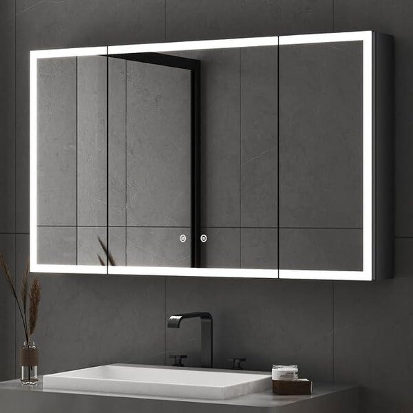 Zrcadlová skříňka do koupelny s LED osvětlením, koupelnová skříňka 60x90 cm, se 3 dvířky, se stmívatelným osvětlením ve 3 barvách, s funkcí proti zamlžování, černá, nástěnná skříňka do koupelny, dvojitá zrcadlová skříňka