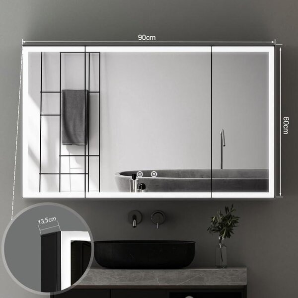 Zrcadlová skříňka do koupelny s LED osvětlením, koupelnová skříňka 60x90 cm, se 3 dvířky, se stmívatelným osvětlením ve 3 barvách, s funkcí proti zamlžování, černá, nástěnná skříňka do koupelny, dvojitá zrcadlová skříňka