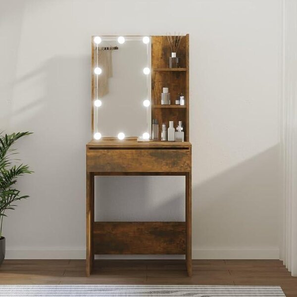 Toaletní stolek s LED osvětlením a úložným prostorem, komoda s topenkem, kosmetický stolek, zrcadlo, osvětlení, ložnice, rozměry 60x40x140 cm (imitace dubu)