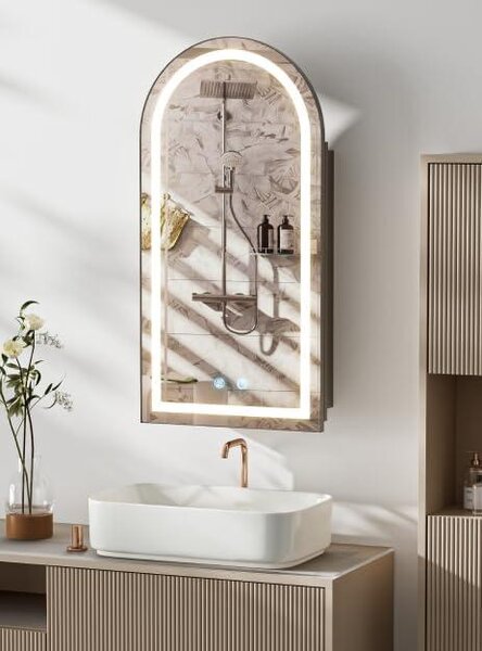 Zrcadlo s LED osvětlením – 40 x 79 cm, koupelnová skříňka se zrcadlem s funkcí proti zamlžování, nastavitelnými policemi a lékárničkou s dotykovým senzorem (černá)