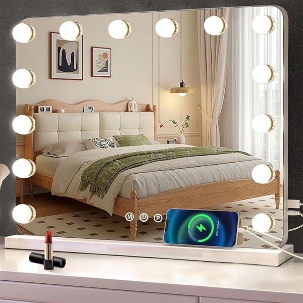 Zrcadlo na líčení s osvětlením, hollywoodské zrcadlo s 14 LED světly, s regulovatelným jasem, kosmetické zrcadlo s 3 režimy, rozměry 58 x 43 cm, toaletní zrcadlo, stolní zrcadlo s USB portem, 10x zvětšení, vhodné do ložnice a na toaletní stolek
