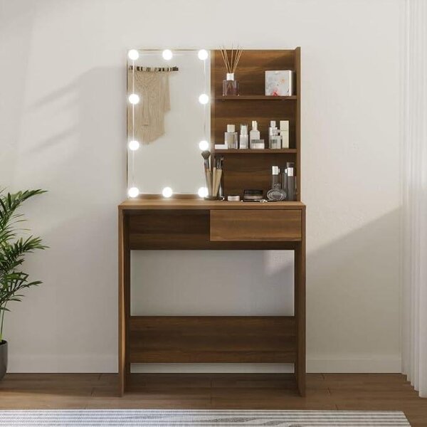Toaletní stolek s LED osvětlením, barva: hnědý, materiál: dub, rozměry: 74,5 x 40 x 141 cm, hmotnost: 26,7 kg, kód produktu: 820483